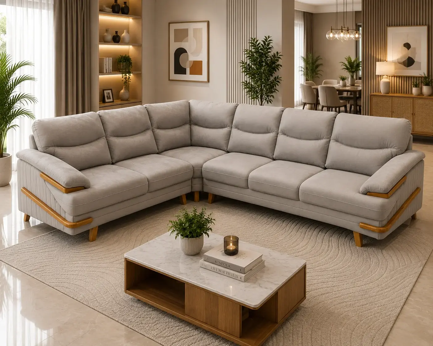 Premium Light Grey L-Shape Sofa with Solid Saagwood Frame