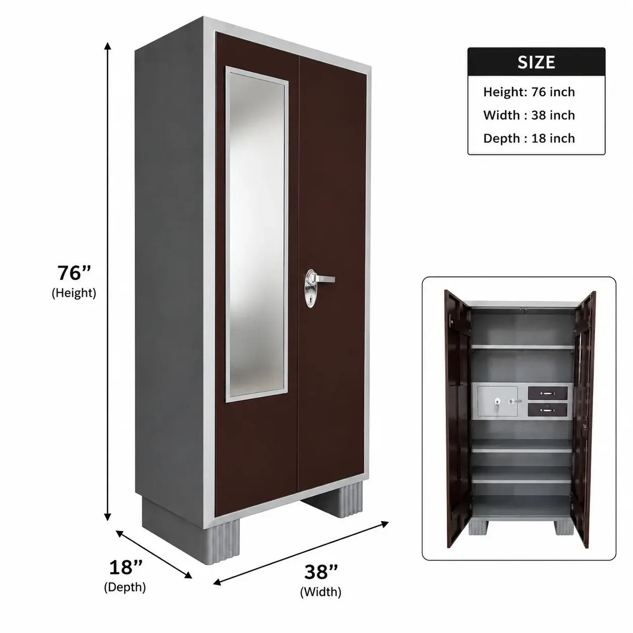 Metal Almirah with Mirror | Spacious 2 Door Storage Wardrobe