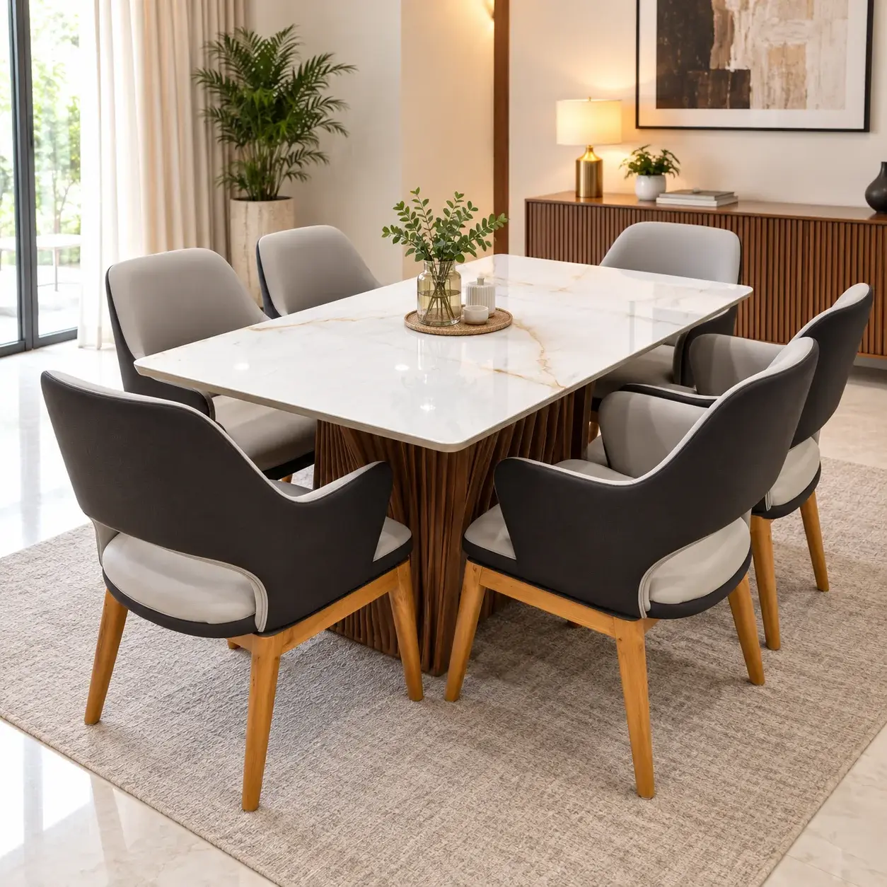 BW002 Ceramic Top Wooden Dining Set 6 Seater