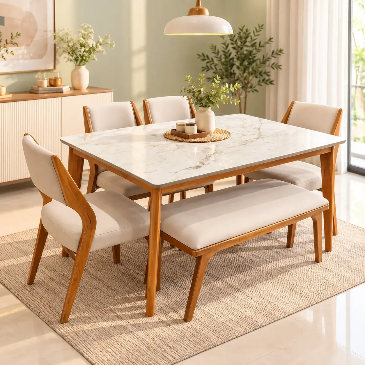 6 Seater Wooden Dining Table Set with 4 Chairs & Bench – Modern Ceramic Top Dining Set