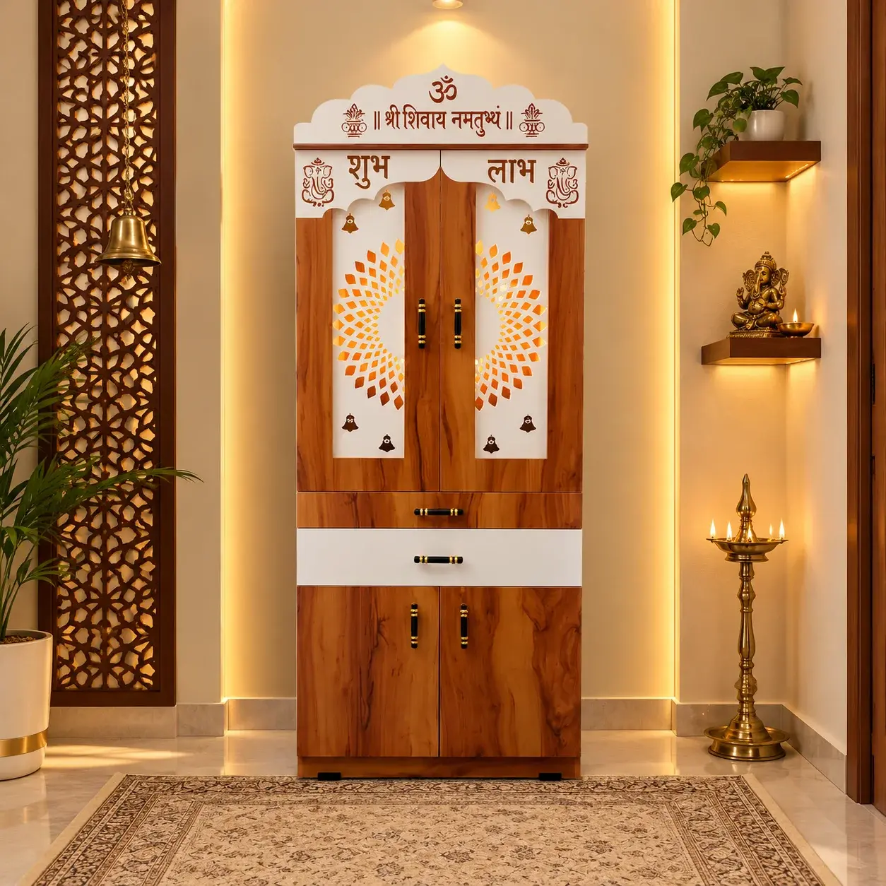 🛕 Elegant Wooden Mandir with Remote-Controlled LED Light ✨